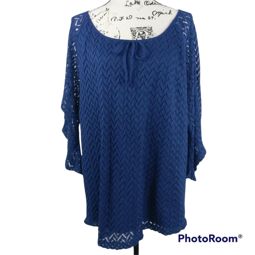 Ashley Blue Bell Sleeve Chevron Long Line Lace Top 2X